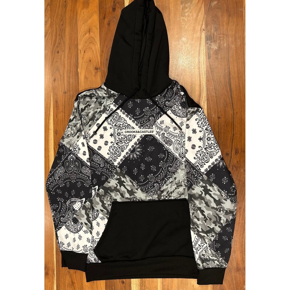 Crooks & Castles Mens XL Bandana Camo Patchwork Pullover Hoodie Black White Grey